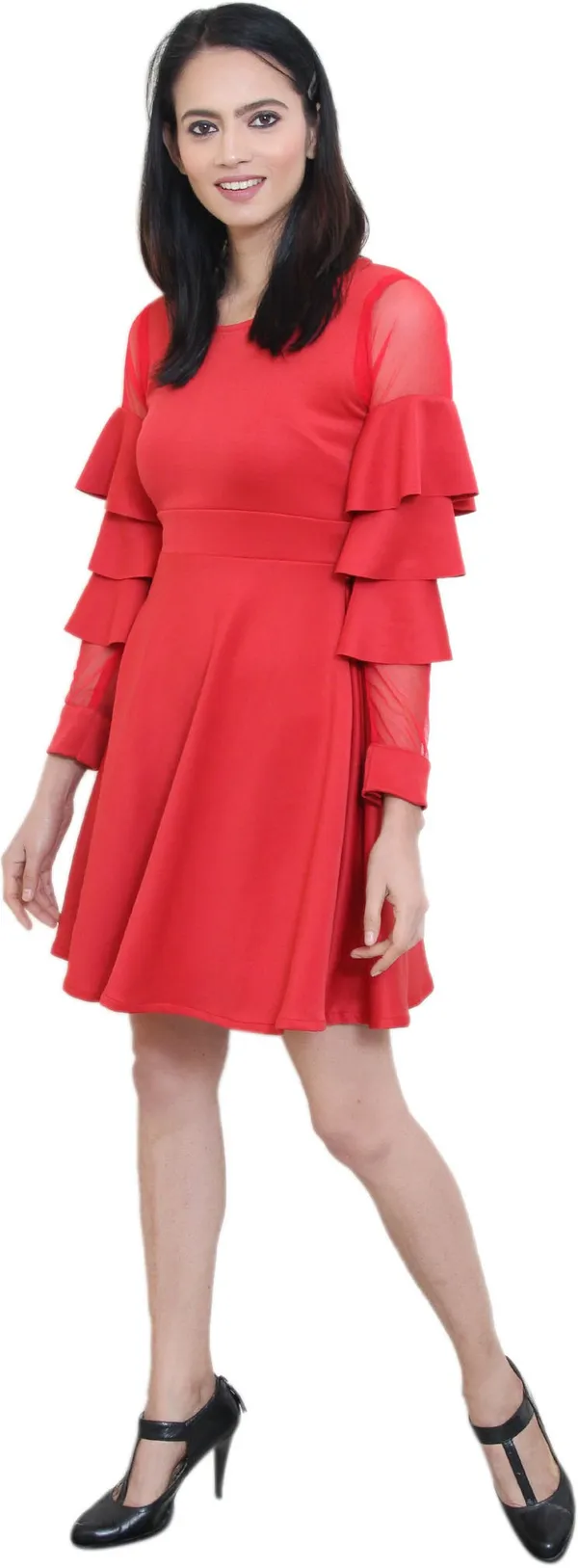 Red_Lycra_Blend_Round_Neck_Full_Sleeve_Above_Knee_Fit_And_Flare_Dress_For_Women