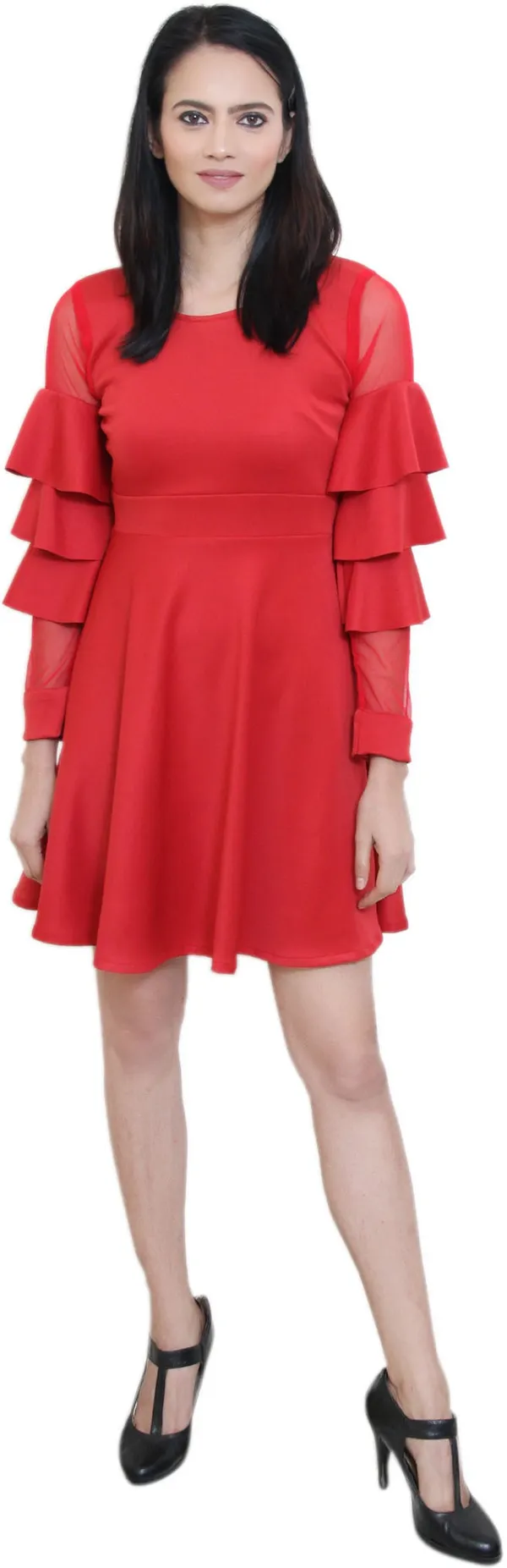 Red_Lycra_Blend_Round_Neck_Full_Sleeve_Above_Knee_Fit_And_Flare_Dress_For_Women
