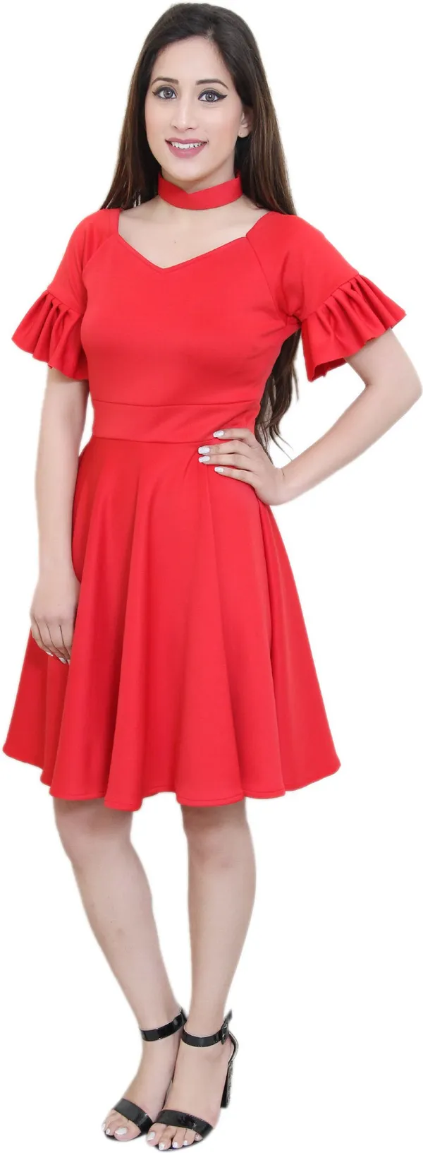 Red_Lycra_Blend_Sweetheart_Neck_Short_Sleeve_Knee_Length_Fit_And_Flare_Dress_For_Women