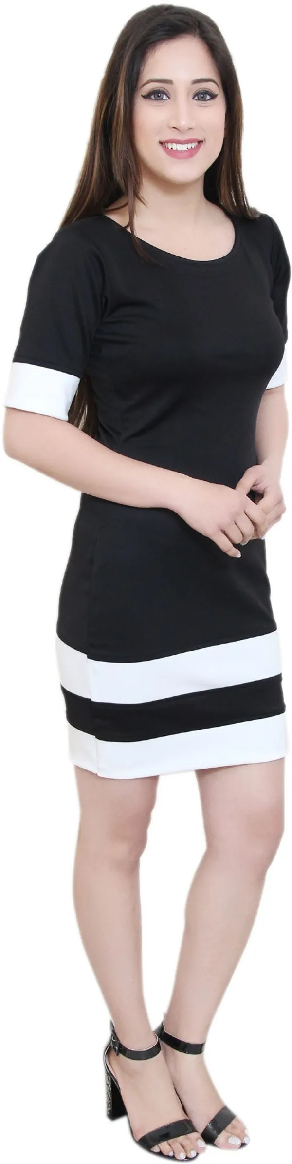 Black_Lycra_Blend_Round_Neck_Short_Sleeve_Above_Knee_Sheath_Dress_For_Women