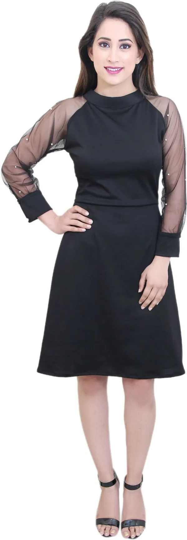 Black_Lycra_Blend_High_Neck_3/4_Sleeve_Knee_Length_A-Line_Dress_For_Women