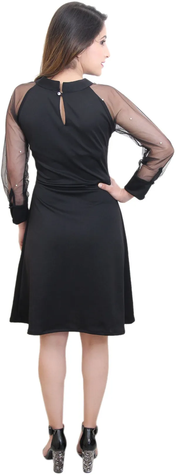 Black_Lycra_Blend_High_Neck_3/4_Sleeve_Knee_Length_A-Line_Dress_For_Women