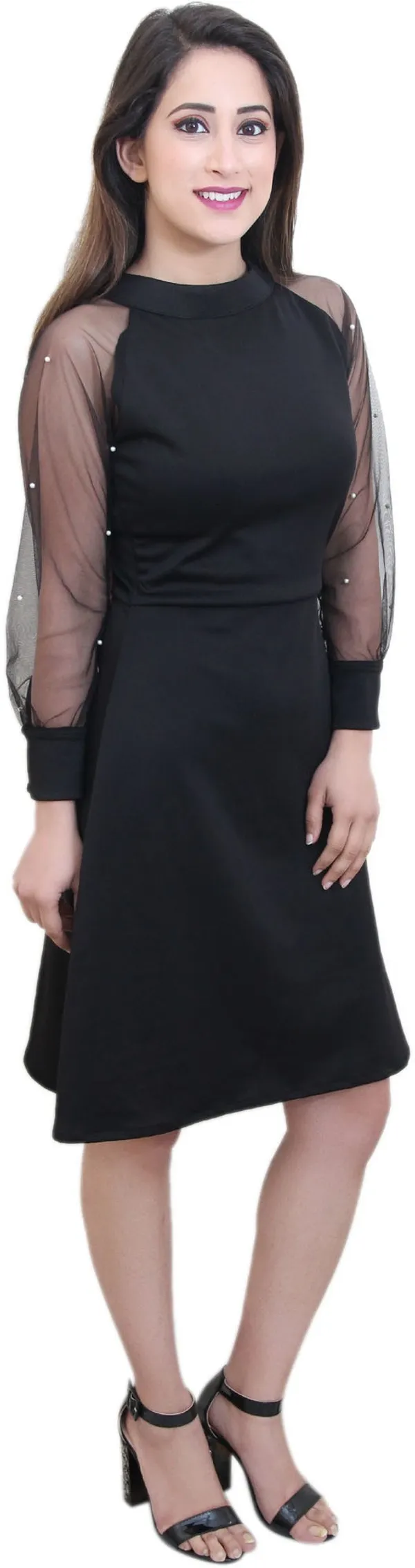 Black_Lycra_Blend_High_Neck_3/4_Sleeve_Knee_Length_A-Line_Dress_For_Women