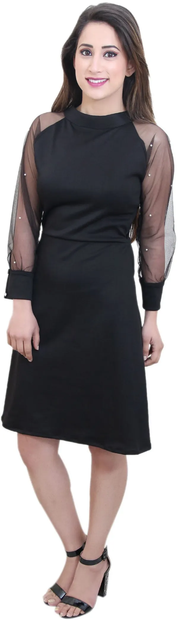 Black_Lycra_Blend_High_Neck_3/4_Sleeve_Knee_Length_A-Line_Dress_For_Women