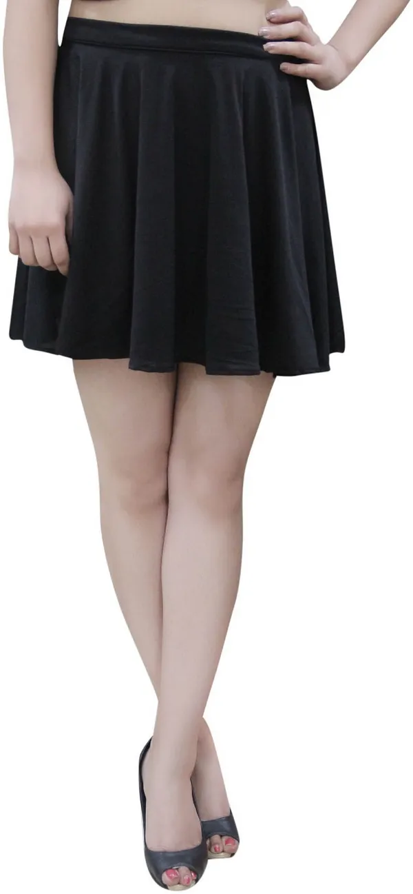 Black_Solid_Lycra_Blend_Flared_Mini/Short_Elastic_Skirt_For_Women
