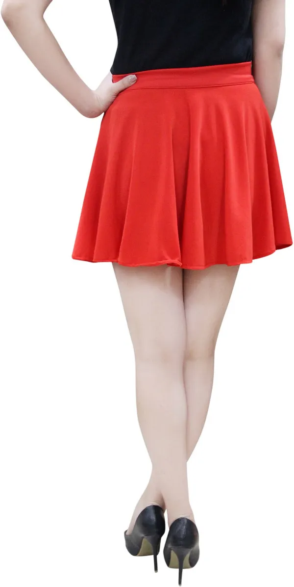 Red_Solid_Lycra_Blend_Flared_Mini/Short_Elastic_Skirt_For_Women