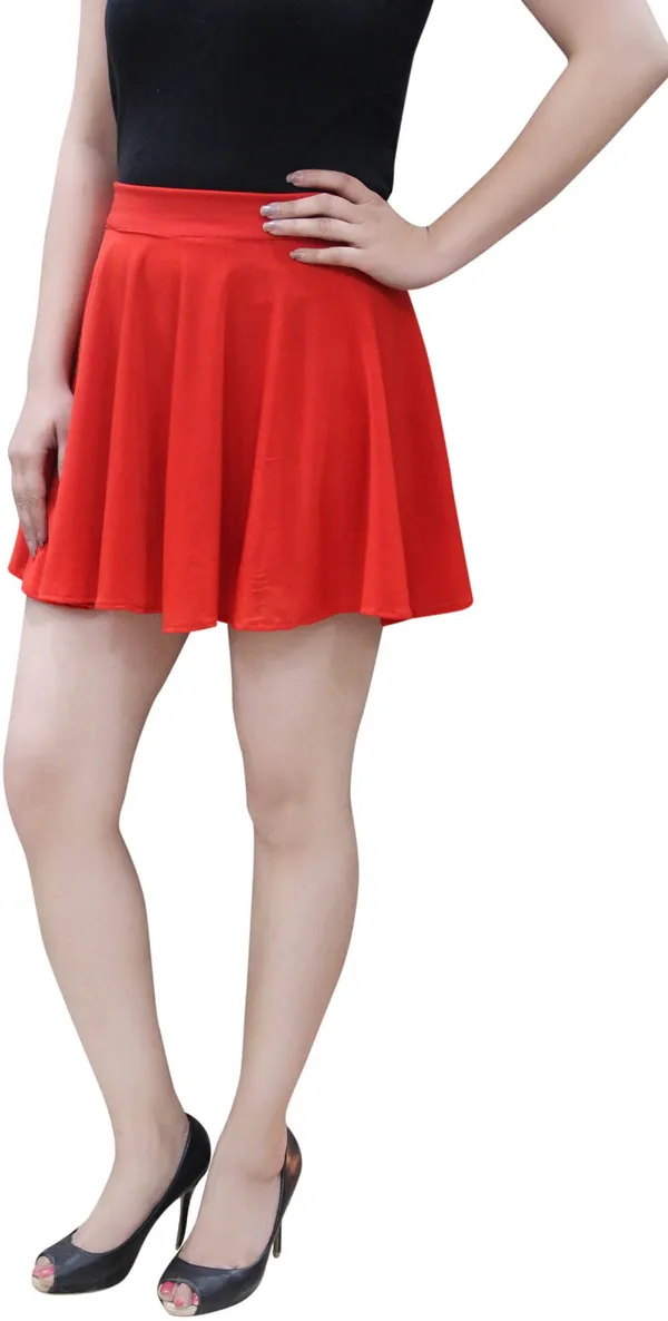 Red_Solid_Lycra_Blend_Flared_Mini/Short_Elastic_Skirt_For_Women