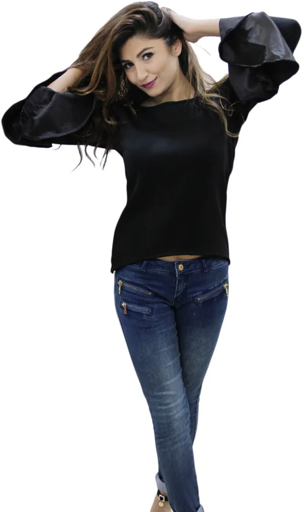 Black_Casual_Bell_Sleeve_Solid_Tops_For_Women
