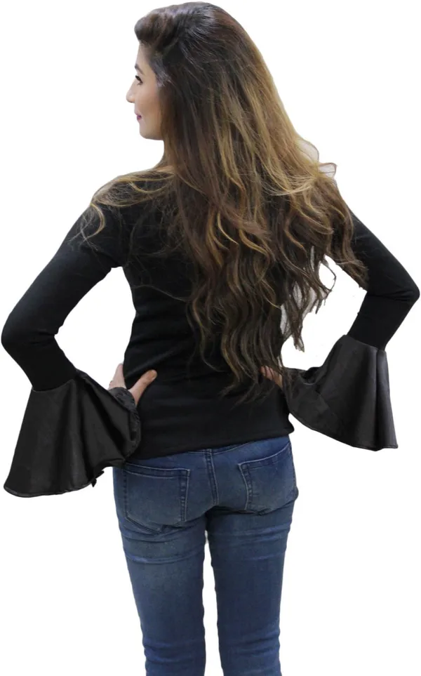 Black_Casual_Bell_Sleeve_Solid_Tops_For_Women