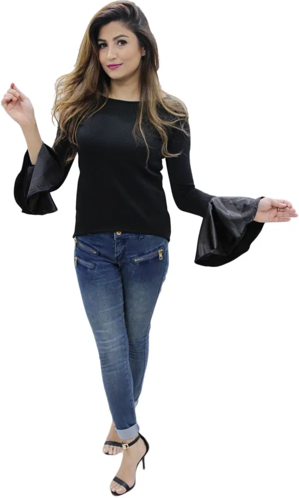 Black_Casual_Bell_Sleeve_Solid_Tops_For_Women