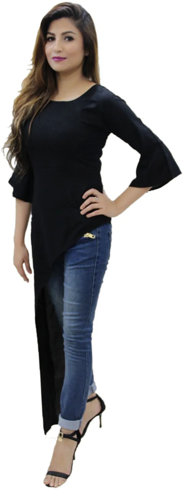 Black_Casual_3/4_Sleeve,_Bell_Sleeve_Solid_Tops_For_Women