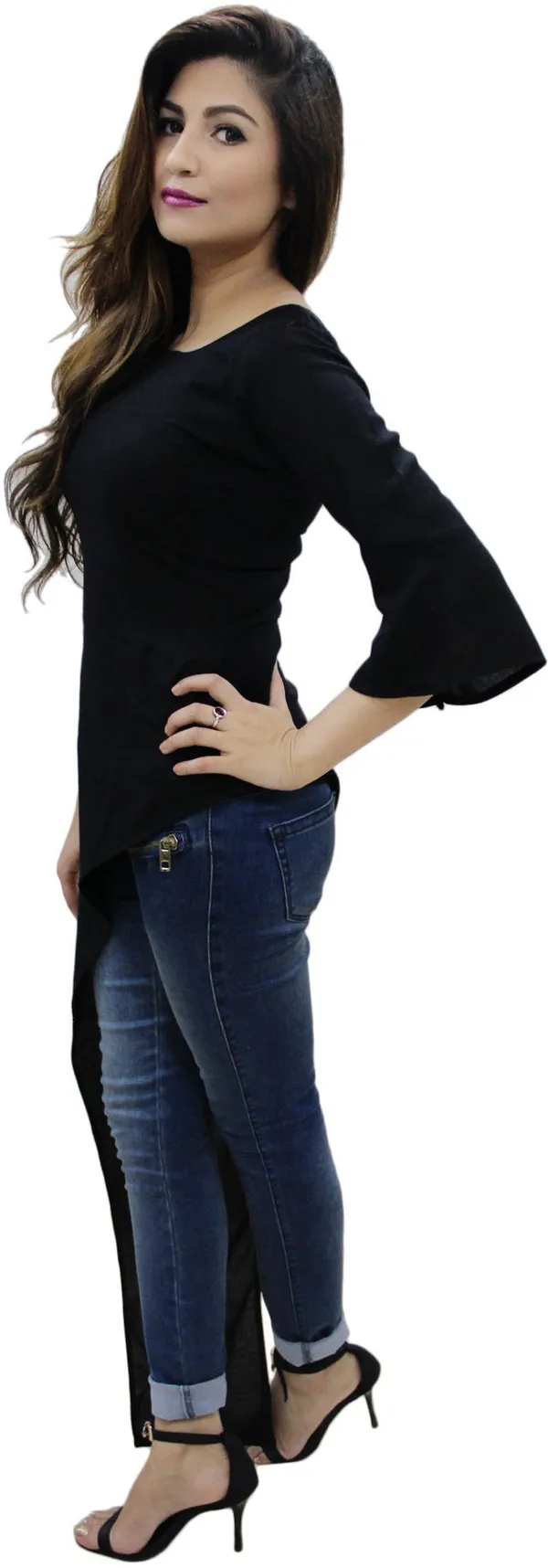 Black_Casual_3/4_Sleeve,_Bell_Sleeve_Solid_Tops_For_Women