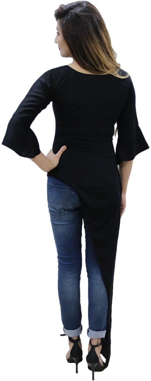 Black_Casual_3/4_Sleeve,_Bell_Sleeve_Solid_Tops_For_Women