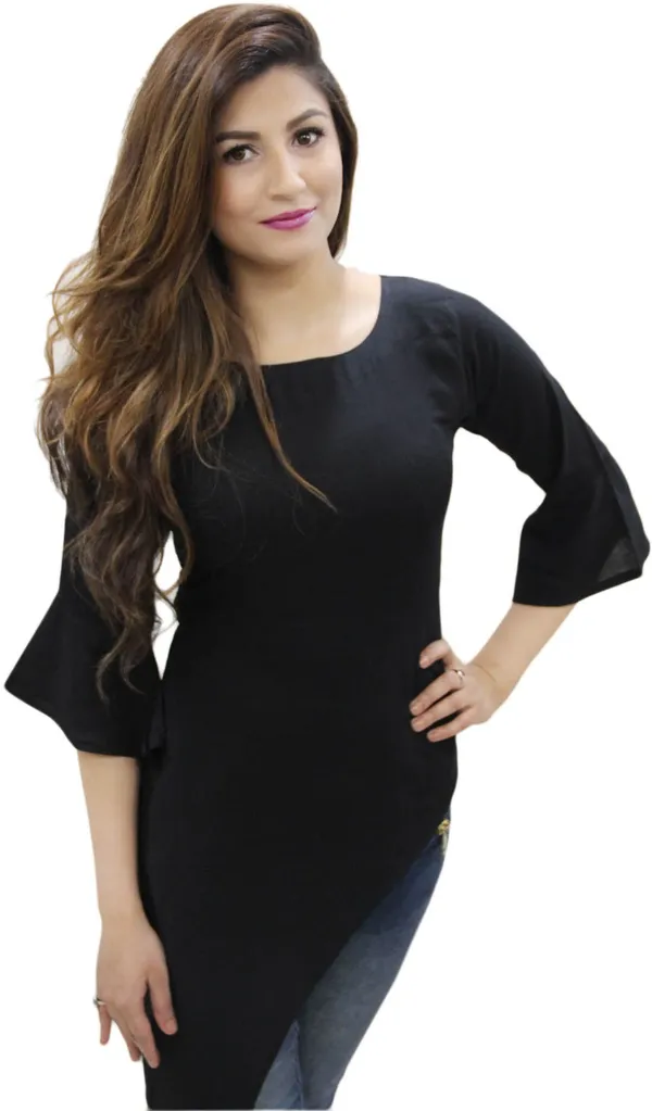 Black_Casual_3/4_Sleeve,_Bell_Sleeve_Solid_Tops_For_Women