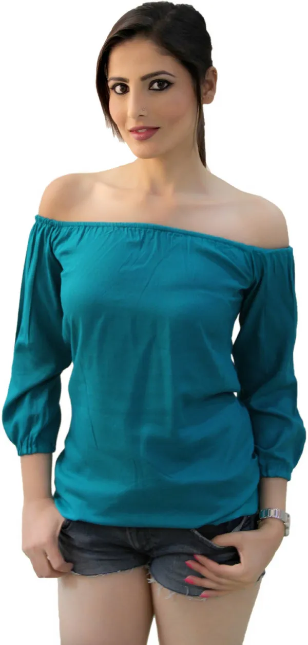 Blue_Casual_3/4_Sleeve,_Puff_Sleeve_Solid_Tops_For_Women