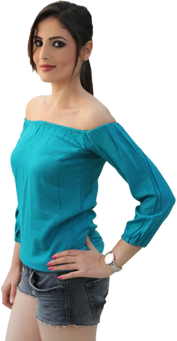 Blue_Casual_3/4_Sleeve,_Puff_Sleeve_Solid_Tops_For_Women