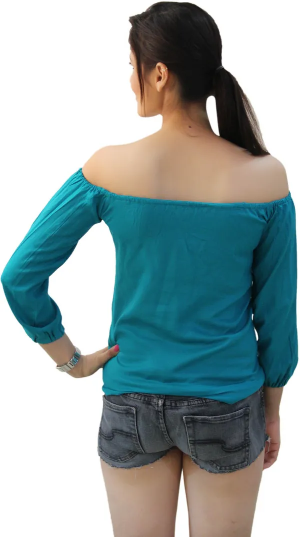 Blue_Casual_3/4_Sleeve,_Puff_Sleeve_Solid_Tops_For_Women