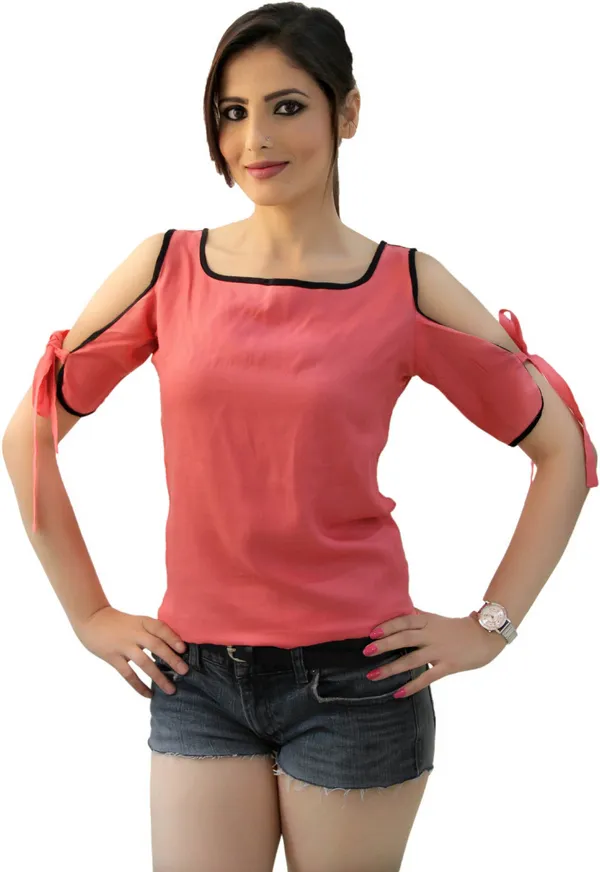 Peach_Casual_3/4_Sleeve,_Puff_Sleeve_Solid_Tops_For_Women