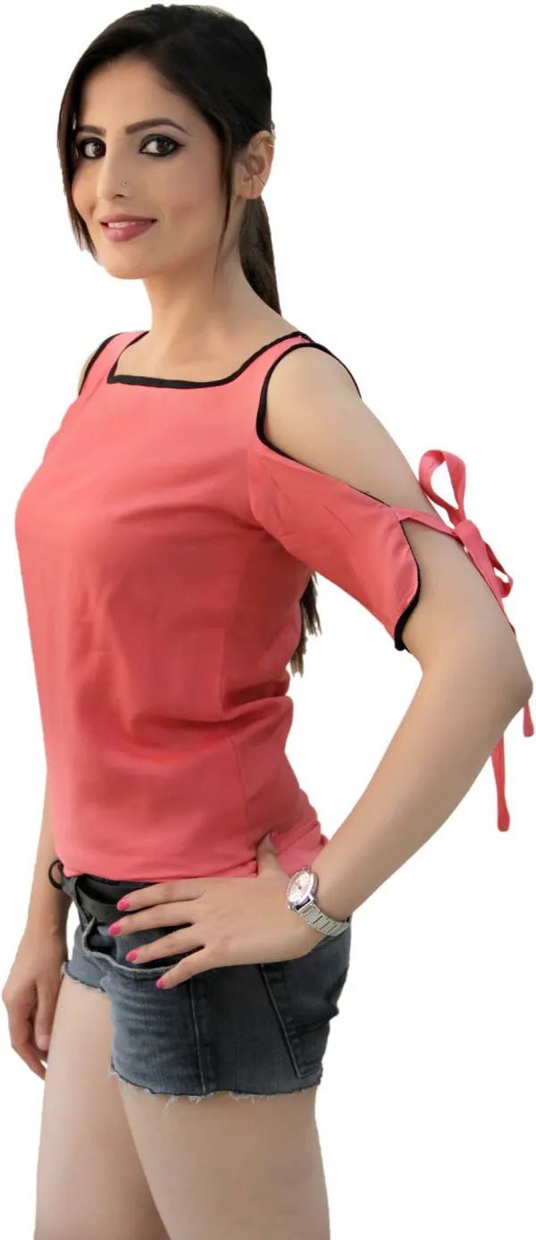 Peach_Casual_3/4_Sleeve,_Puff_Sleeve_Solid_Tops_For_Women