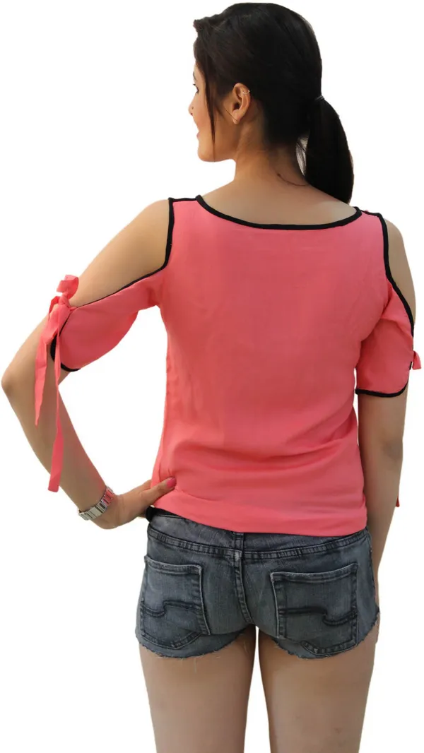 Peach_Casual_3/4_Sleeve,_Puff_Sleeve_Solid_Tops_For_Women
