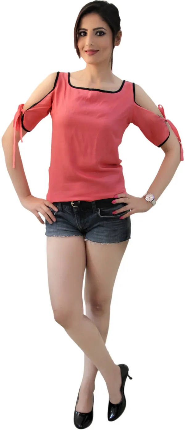 Peach_Casual_3/4_Sleeve,_Puff_Sleeve_Solid_Tops_For_Women