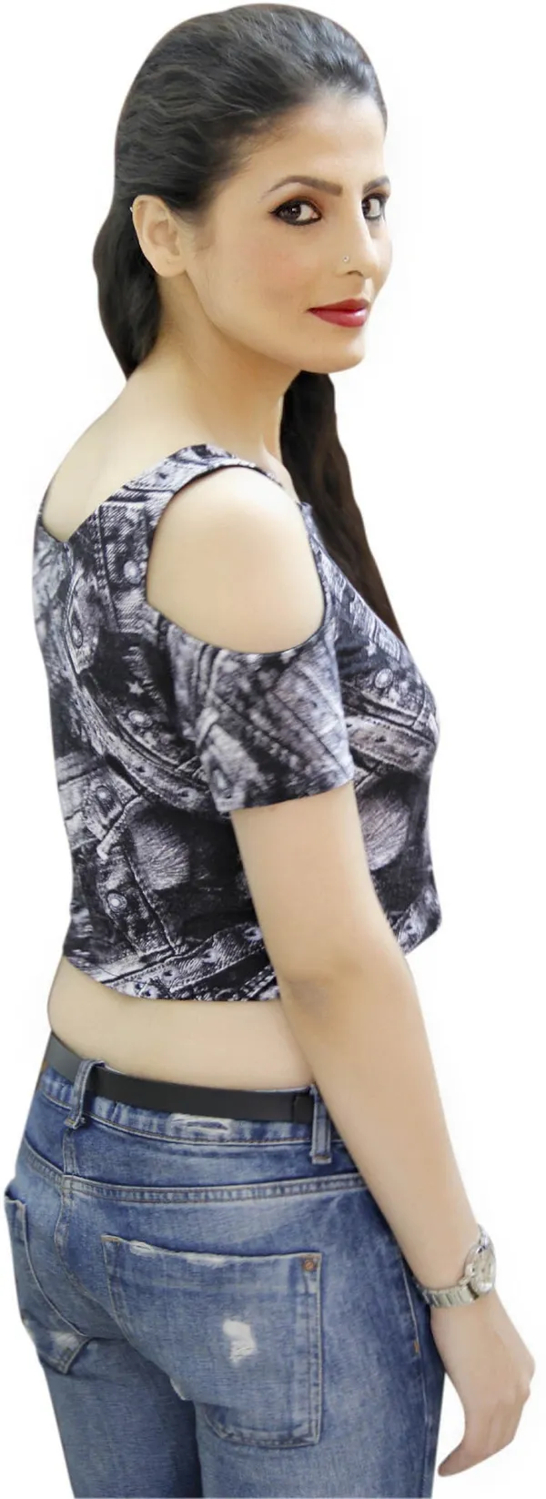 Black_Denim_Casual_Short_Sleeve_Printed_Tops_For_Women