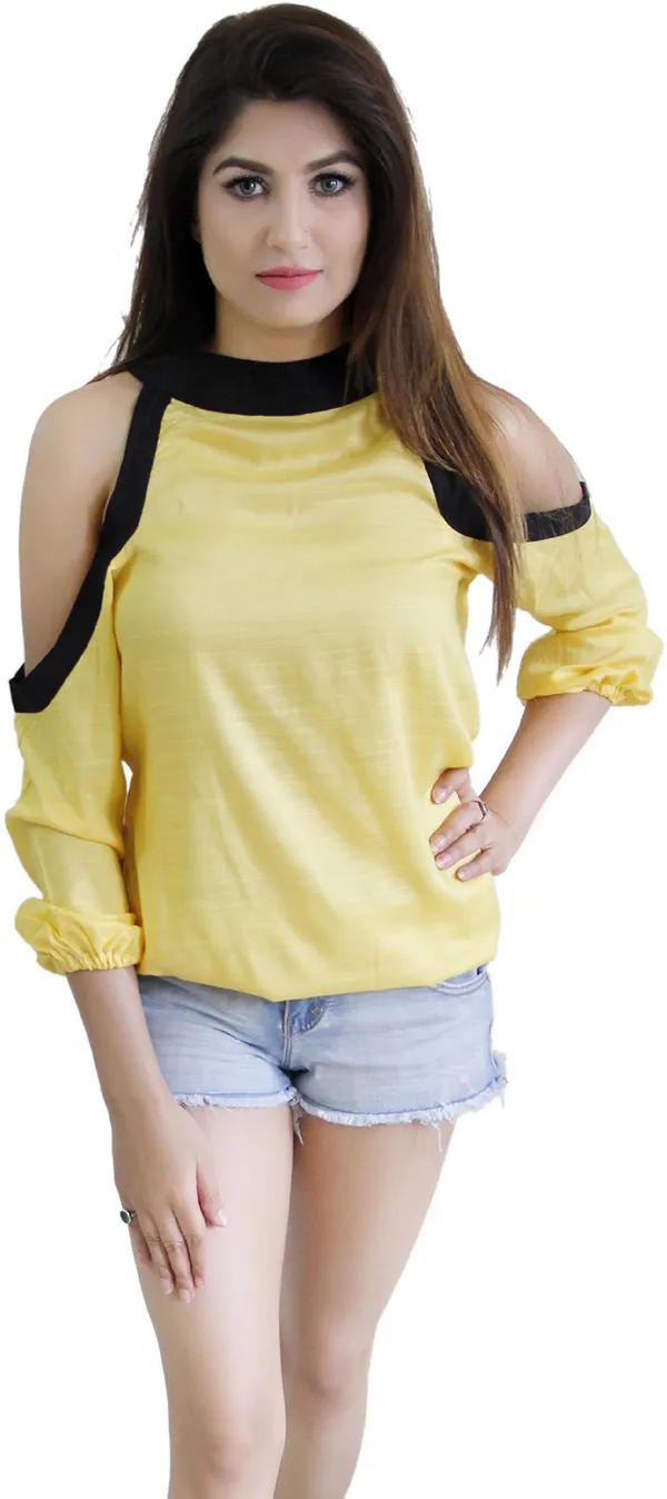 Yellow_Casual_3/4_Sleeve_Solid_Tops_For_Women