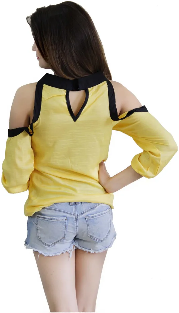 Yellow_Casual_3/4_Sleeve_Solid_Tops_For_Women