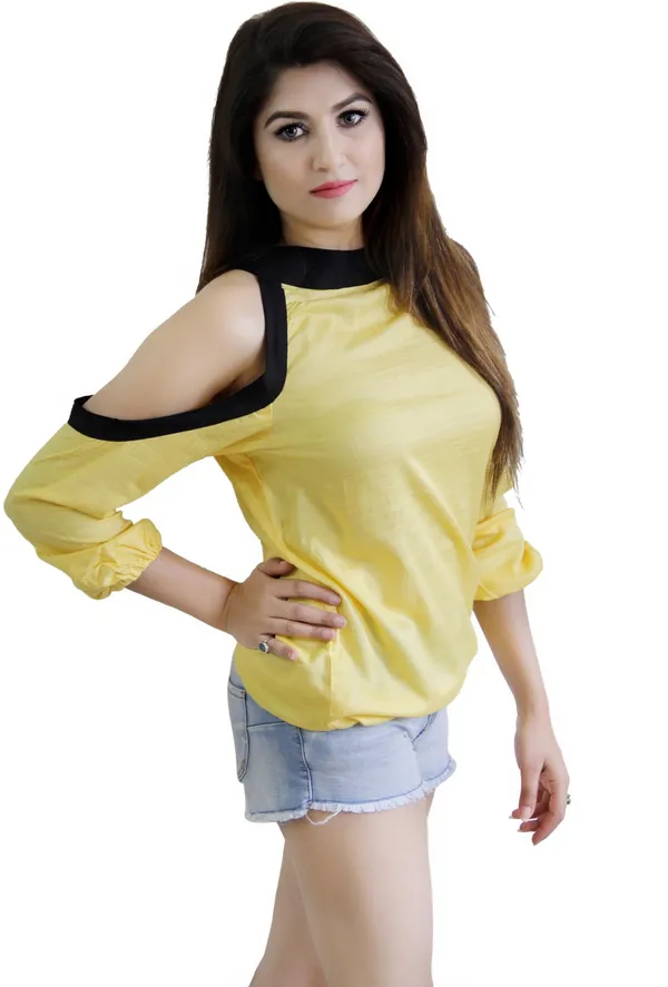 Yellow_Casual_3/4_Sleeve_Solid_Tops_For_Women