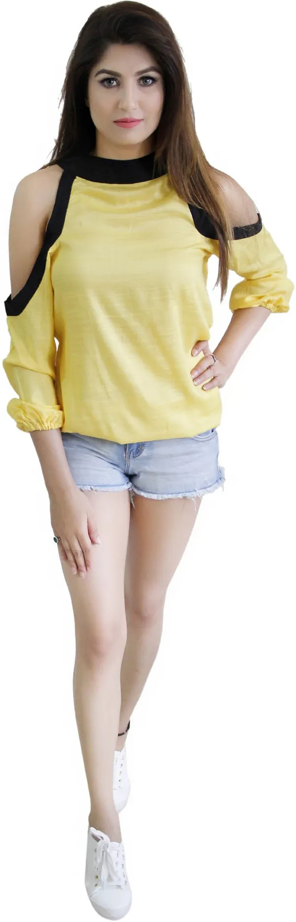 Yellow_Casual_3/4_Sleeve_Solid_Tops_For_Women