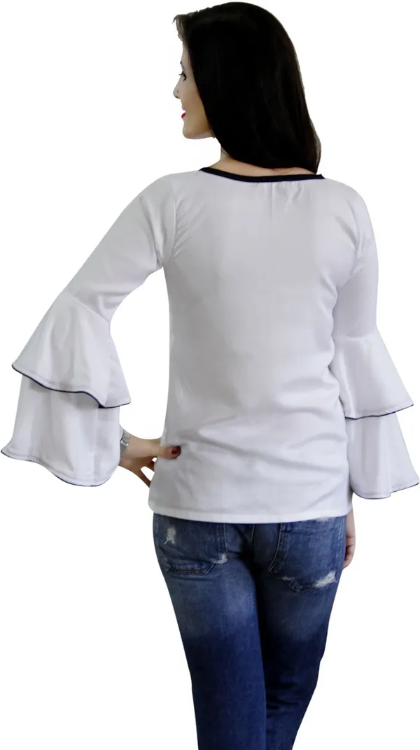 White_Casual_Bell_Sleeve_Solid_Tops_For_Women