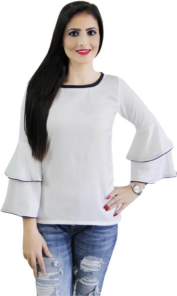 White_Casual_Bell_Sleeve_Solid_Tops_For_Women