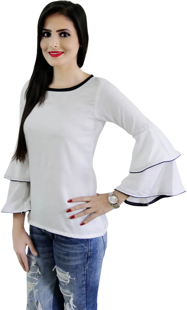 White_Casual_Bell_Sleeve_Solid_Tops_For_Women