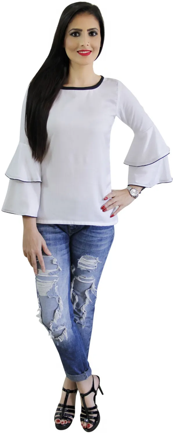 White_Casual_Bell_Sleeve_Solid_Tops_For_Women