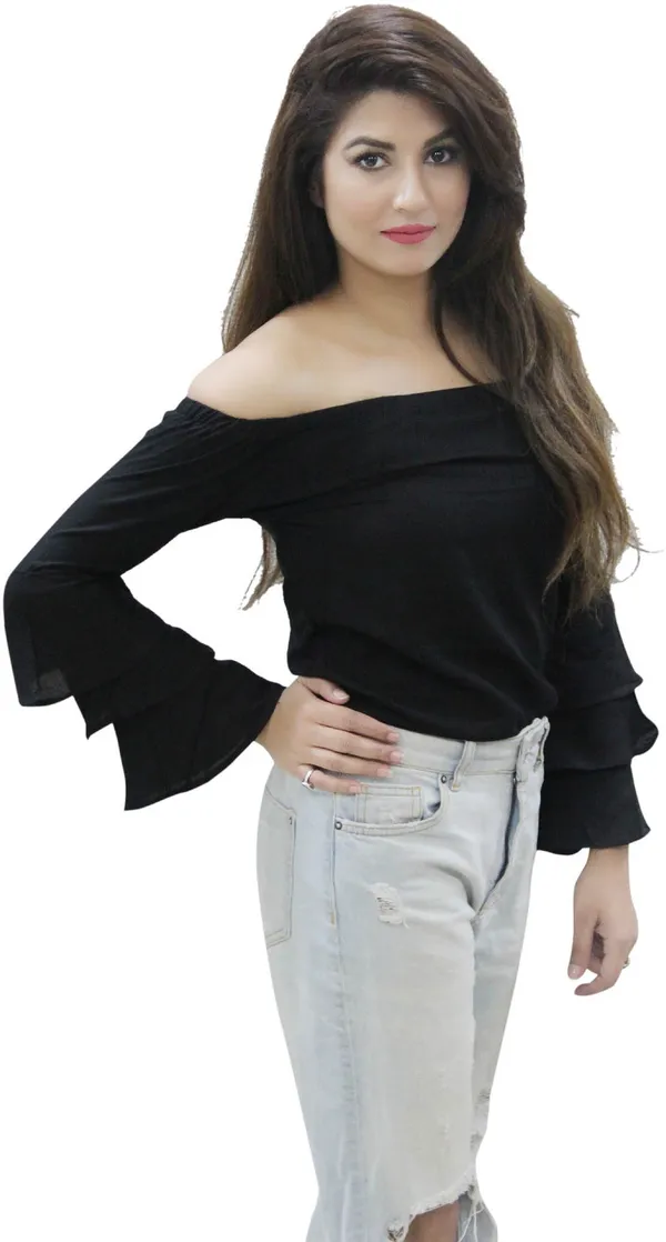 Party_Layered_Sleeve_Solid_Women_Black_Top