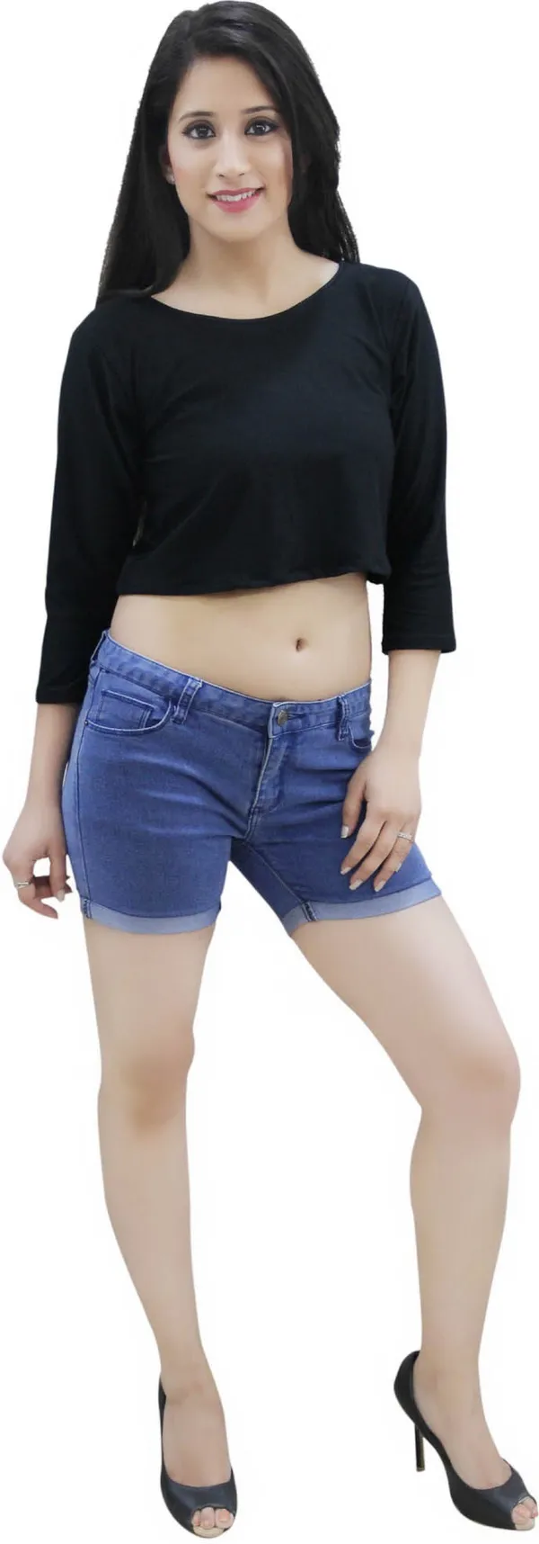 Black_Casual_3/4_Sleeve_Solid_Tops_For_Women