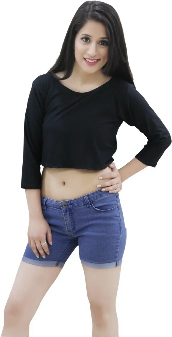 Black_Casual_3/4_Sleeve_Solid_Tops_For_Women