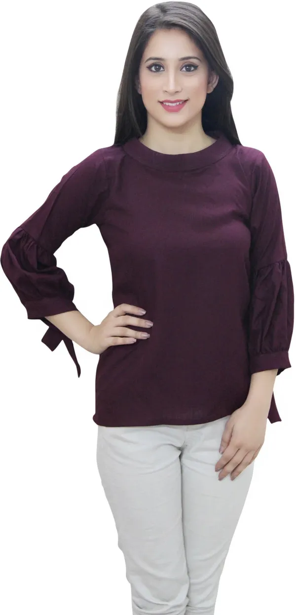 Wine_Casual_3/4_Sleeve_Solid_Tops_For_Women