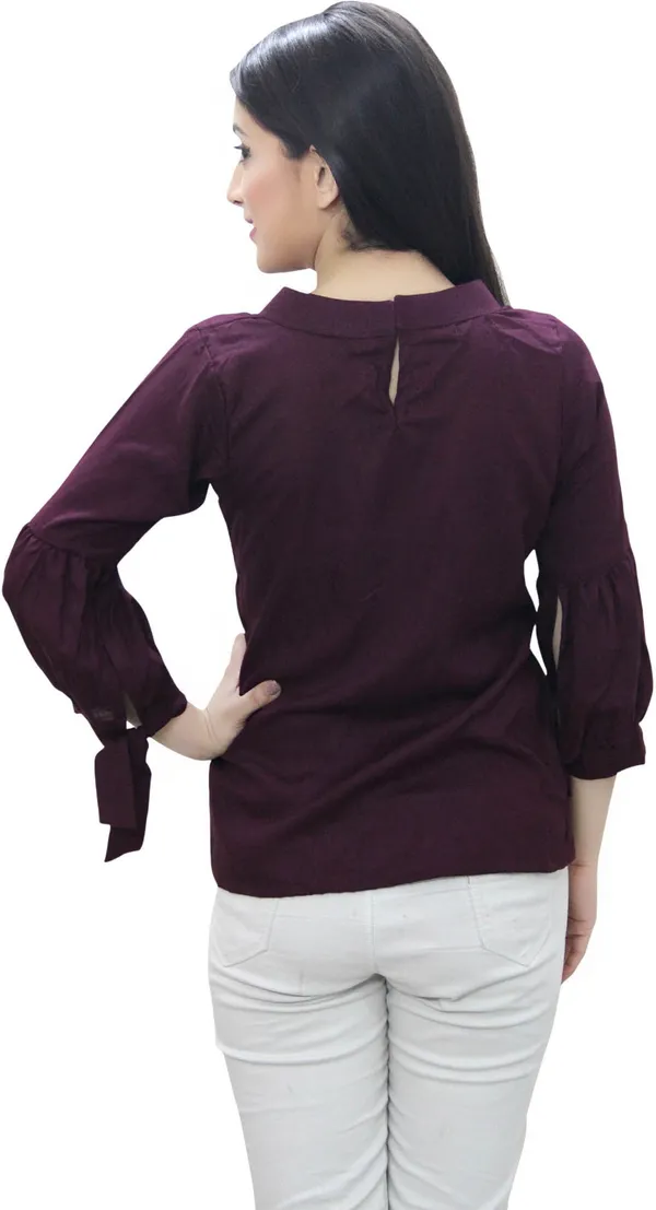 Wine_Casual_3/4_Sleeve_Solid_Tops_For_Women