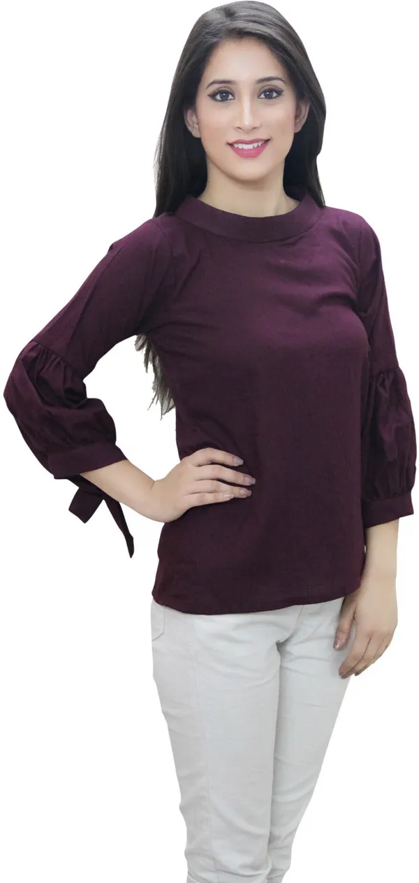 Wine_Casual_3/4_Sleeve_Solid_Tops_For_Women