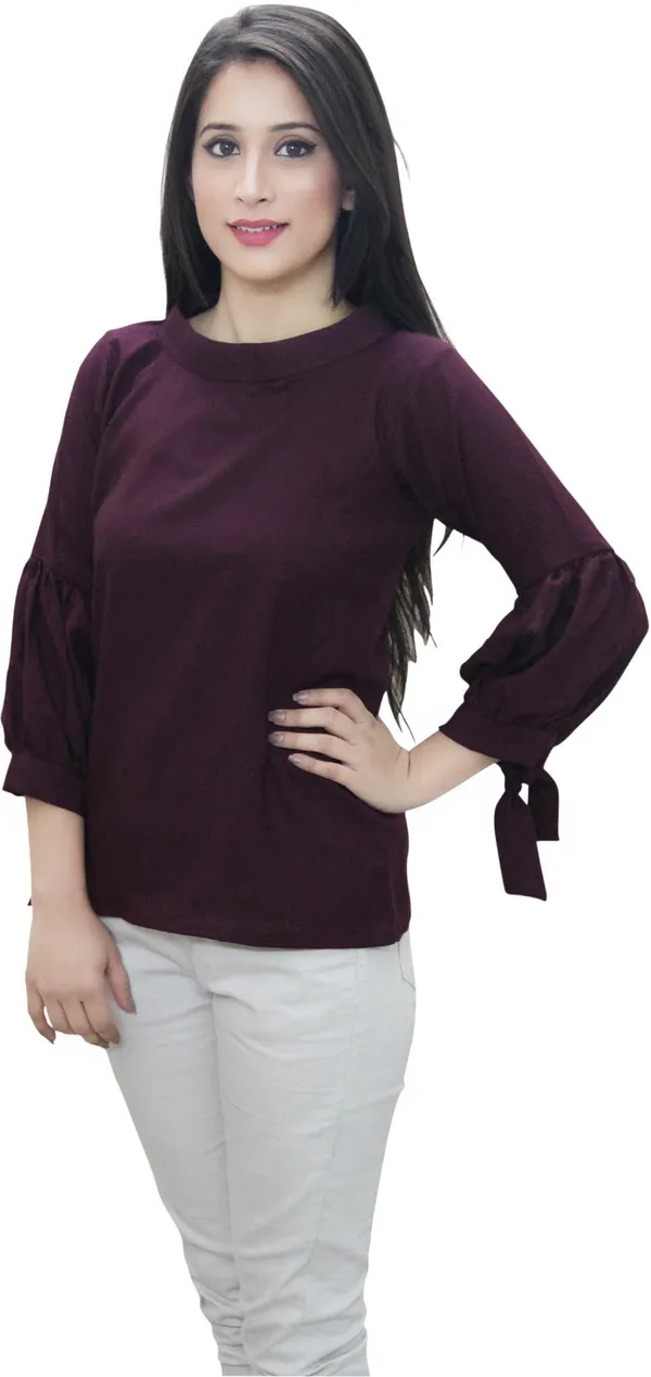 Wine_Casual_3/4_Sleeve_Solid_Tops_For_Women