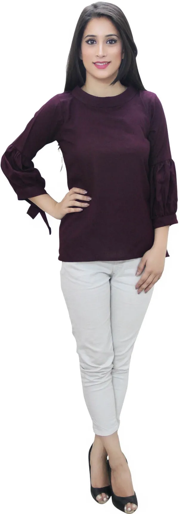 Wine_Casual_3/4_Sleeve_Solid_Tops_For_Women