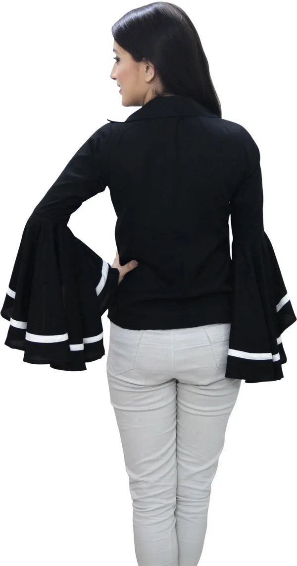 Black_Casual_Bell_Sleeve_Color_Block_Tops_For_Women