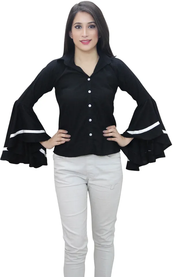 Black_Casual_Bell_Sleeve_Color_Block_Tops_For_Women