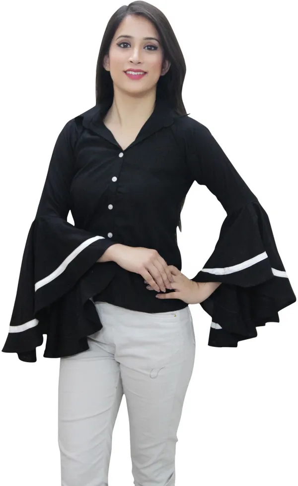 Black_Casual_Bell_Sleeve_Color_Block_Tops_For_Women