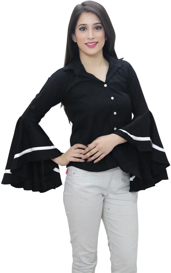 Black_Casual_Bell_Sleeve_Color_Block_Tops_For_Women