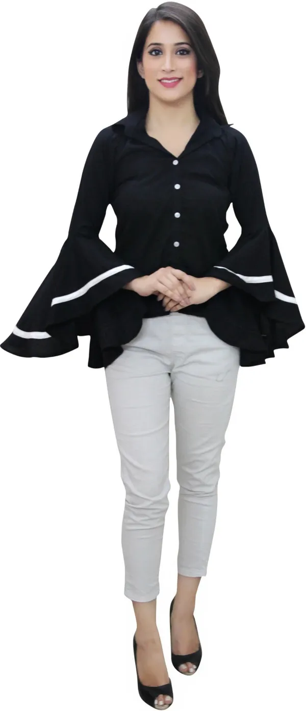 Black_Casual_Bell_Sleeve_Color_Block_Tops_For_Women