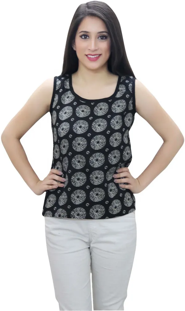 Black_Casual_Sleeveless_Printed_Tops_For_Women