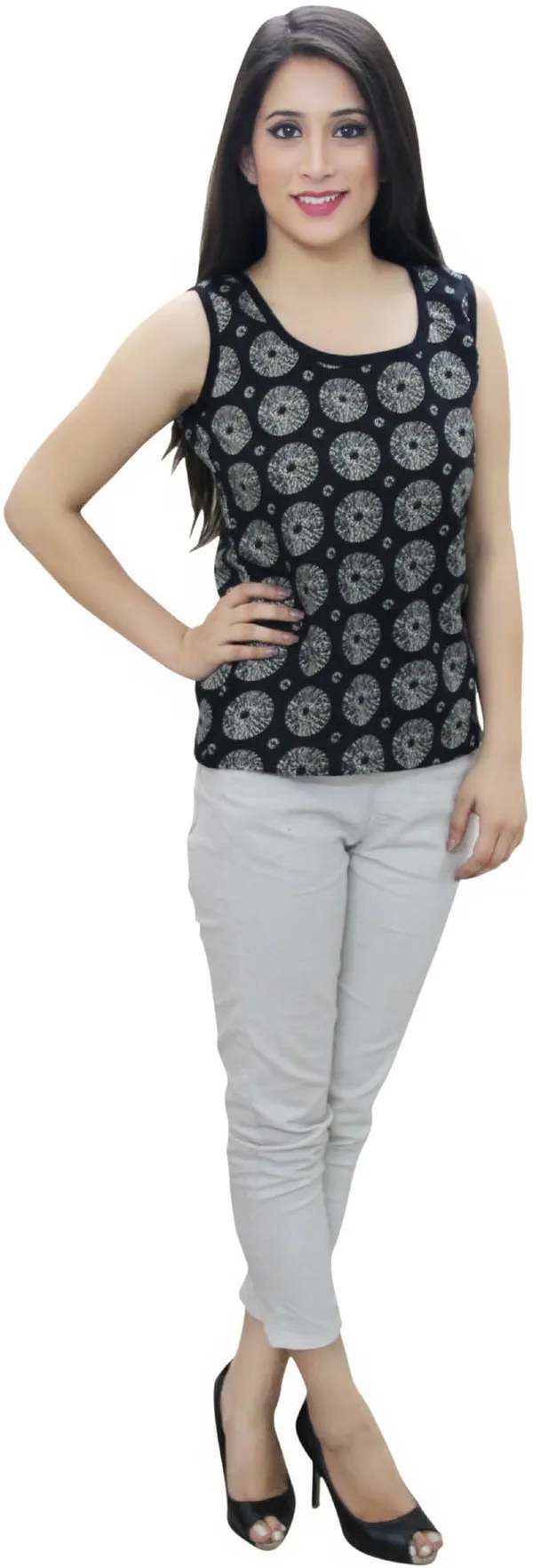 Black_Casual_Sleeveless_Printed_Tops_For_Women