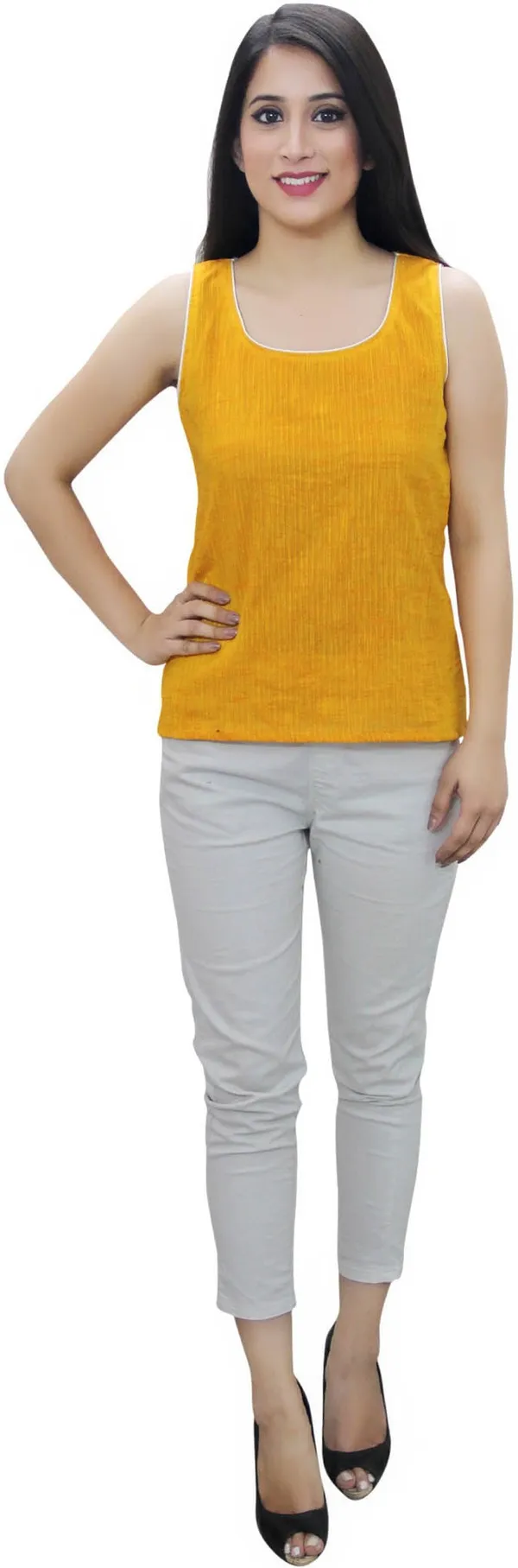 Mustard_Casual_Sleeveless_Solid_Tops_For_Women